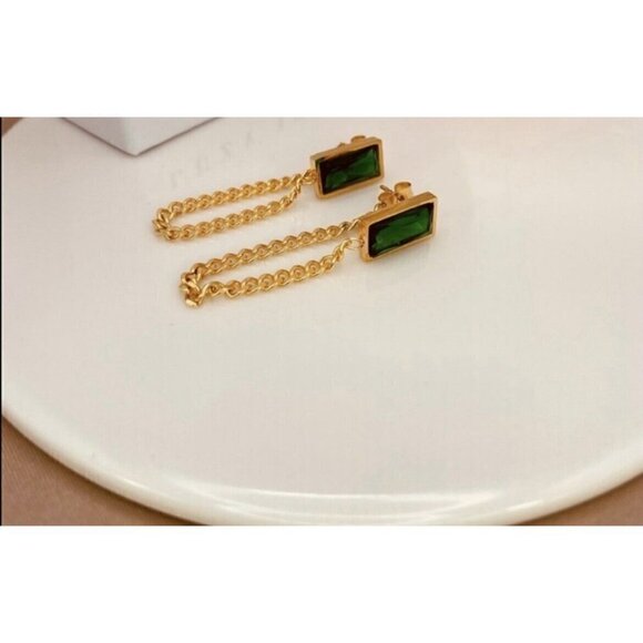 Gold Plated Tassel Emerald Green Earrings Stainless Steel Chain womens jewelry - Picture 9 of 11